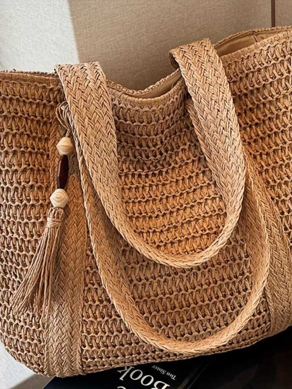 Large Capacity Woven Tote Bag with Zippered Closure Polyester Lining - Picture 2 of 2